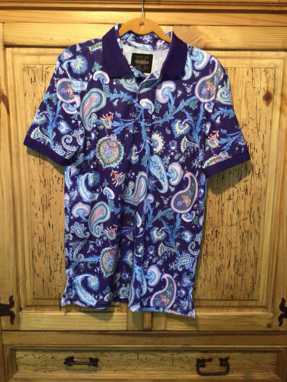 New Verse9 Signature Paisley Polo Shirt Purple Pique Buttons Golf Mens NWT